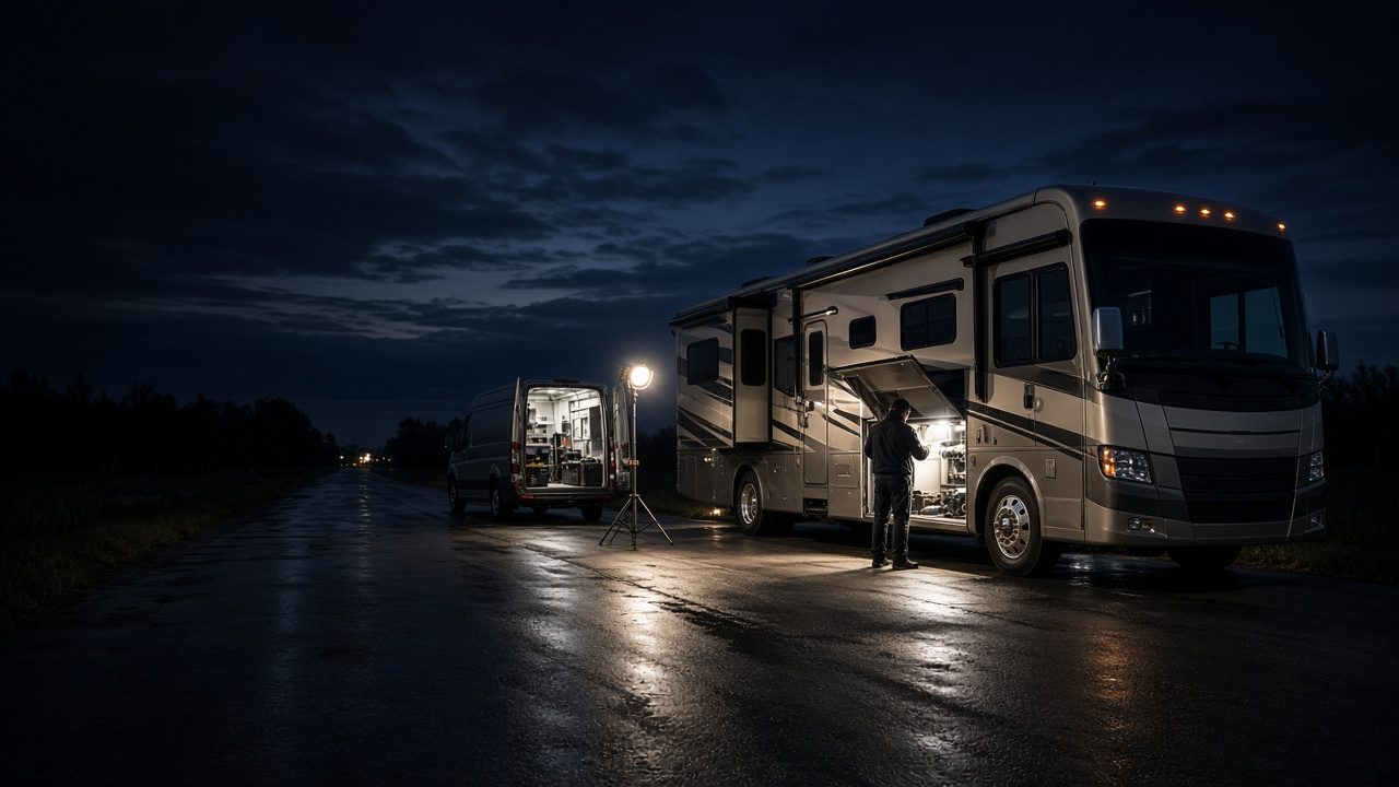On-site mobile RV repair at night with work lights on a Class A motorhome