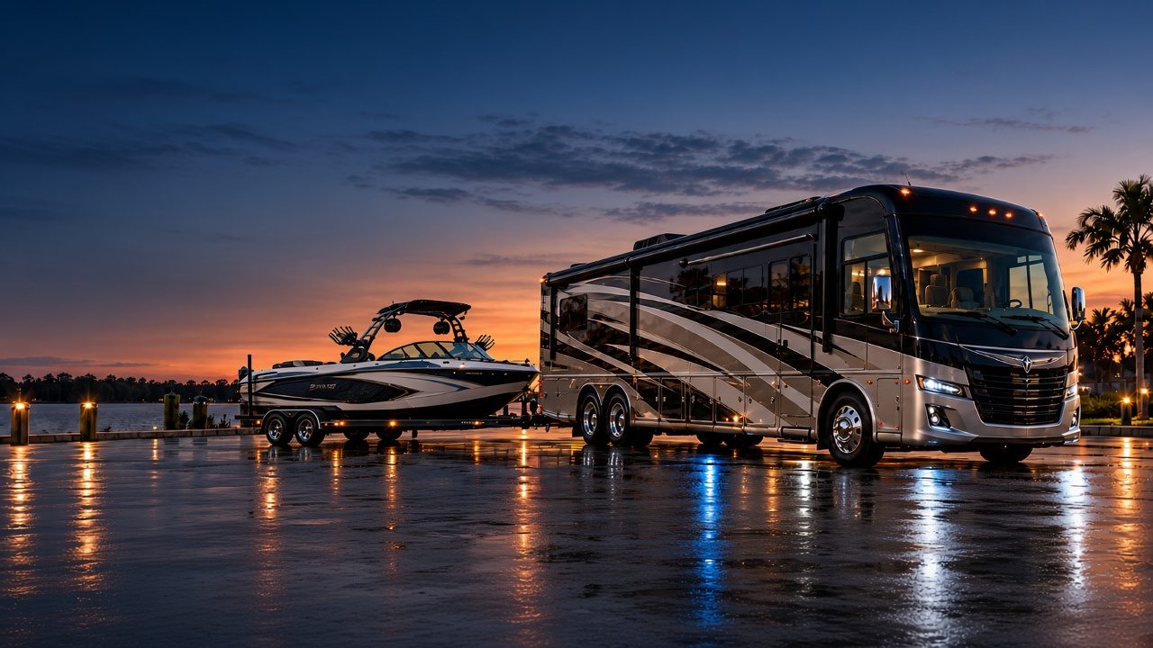 Class A RV towing a full-size wakeboat at a waterfront at dusk