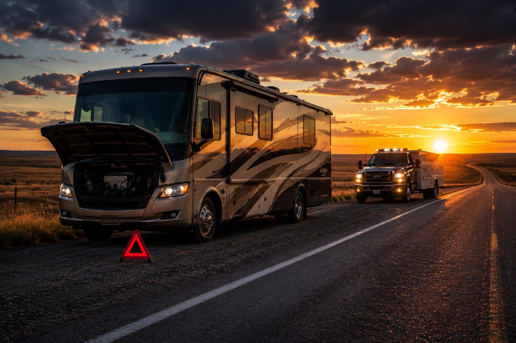 RV motorhome roadside repair at sunset